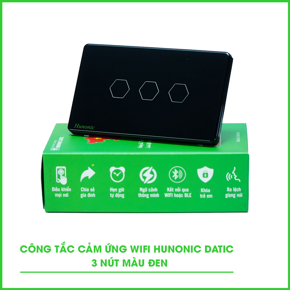 Công Tắc Cảm Ứng 3 Nút Wifi Hunonic Datic Màu Đen Công Tắc Cảm Ứng 3 Nút Wifi Hunonic Datic Màu Đen