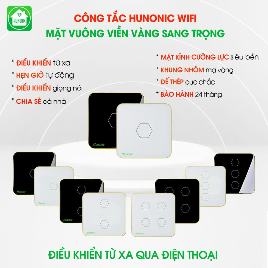 Công Tắc Cảm Ứng Wifi Hunonic Mặt Vuông 15 Công tắc hunonic wifi mặt vuông viền vàng
