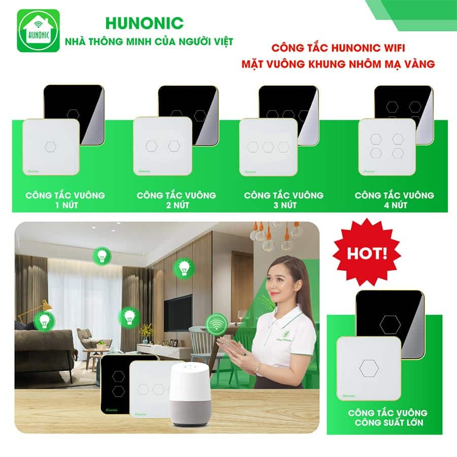 Công Tắc Cảm Ứng Wifi Hunonic Mặt Vuông 14 Công tắc hunonic wifi khung nhôm viền vàng