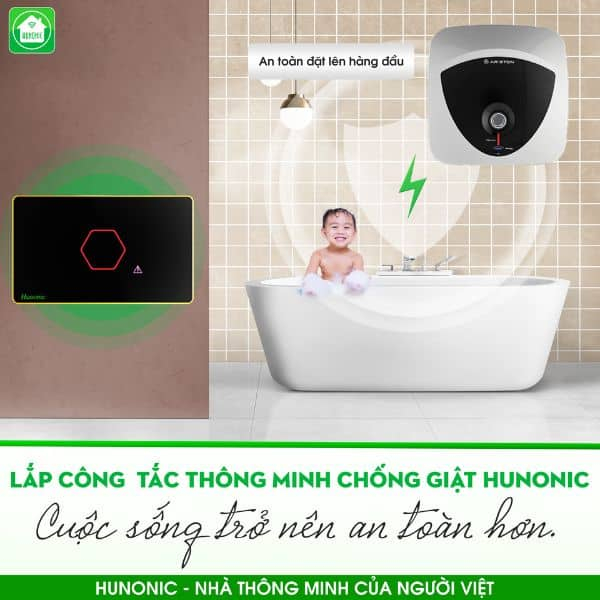 Công Tắc Chống Giật Bình Nóng Lạnh Thông Minh Luxury 14 Công tắc chống giật hunonic