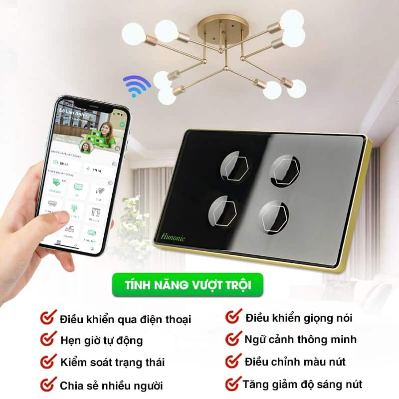 Công Tắc Hunonic Premium Hình Chữ Nhật Viền Vàng - Ảnh 2 Công Tắc Hunonic Premium Hình Chữ Nhật Viền Vàng - Ảnh 2