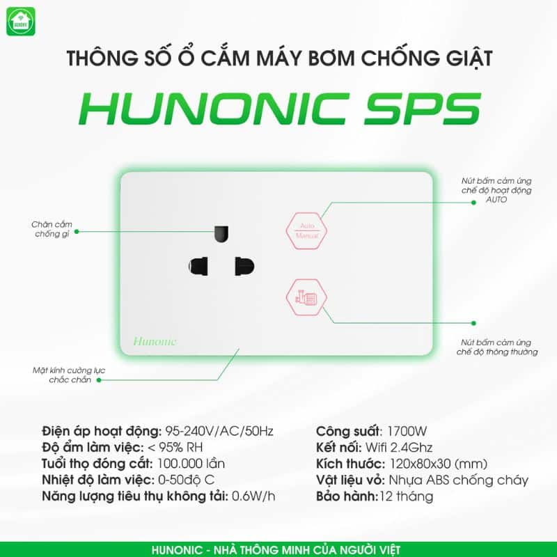 Ổ Cắm Máy Bơm Chống Giật An Toàn Hunonic SPS 11 Thông số kĩ thuật ổ cắm máy bơm an toàn