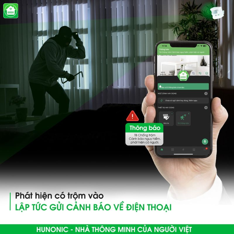 Thiết Bị Chống Trộm Và Báo Khách Wifi Hunonic CT01 11 tinh nang ct011